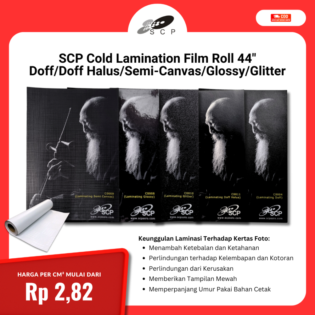 

SCP Cold Lamination Film Roll 44" Doff/Doff Halus/Semi-Canvas/Glossy/Glitter