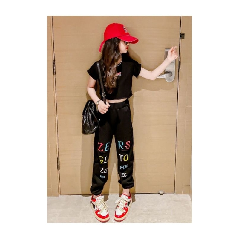 JS26 Setelan anak perempuan atasan crop celana joger / baju anak cewek usia tanggung 3-12 tahun