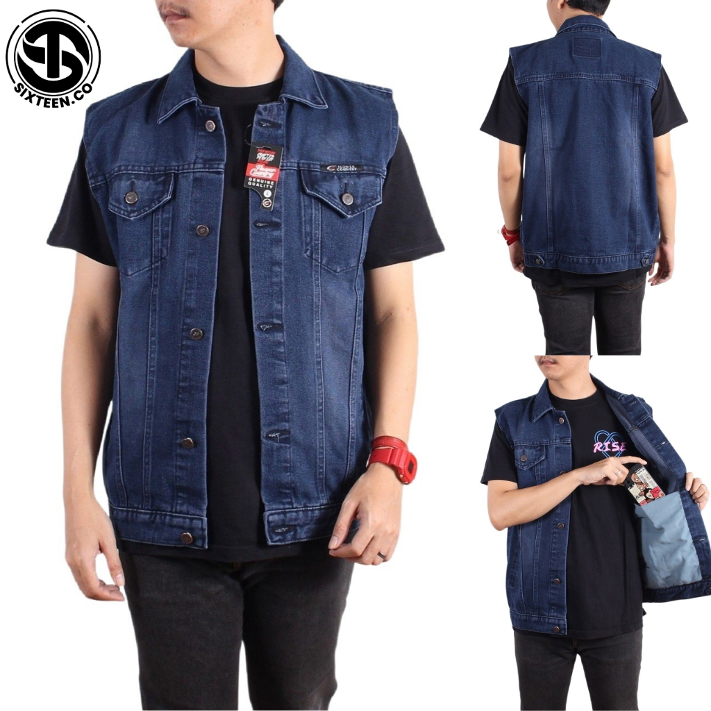 SIXTEEN - Jaket Rompi Jeans Kerah Denim Retro Pria Full Kancing Original Flower Country