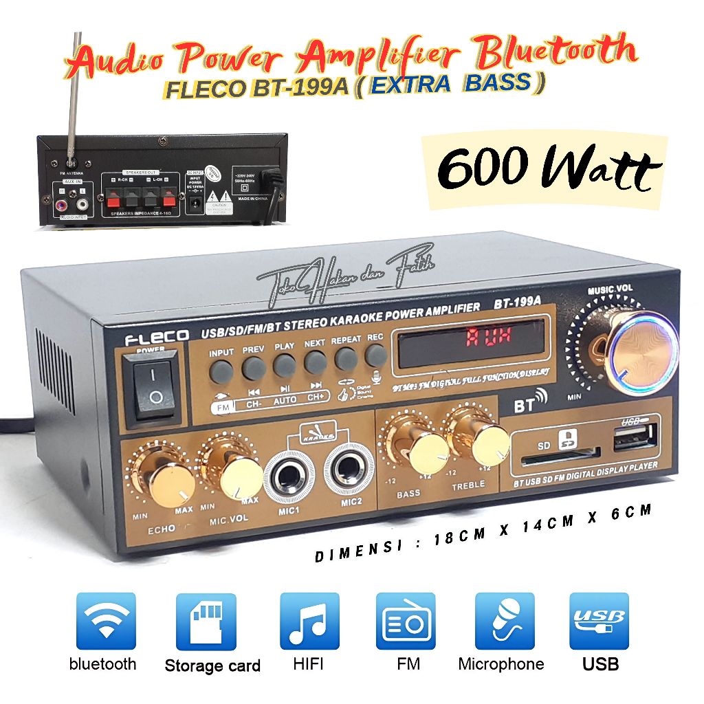 Audio Power Amplifier 600W Full Bass Fleco BT-199A - Amplifier Bluetooth USB/SD/FM/MP3 - Amplifier K