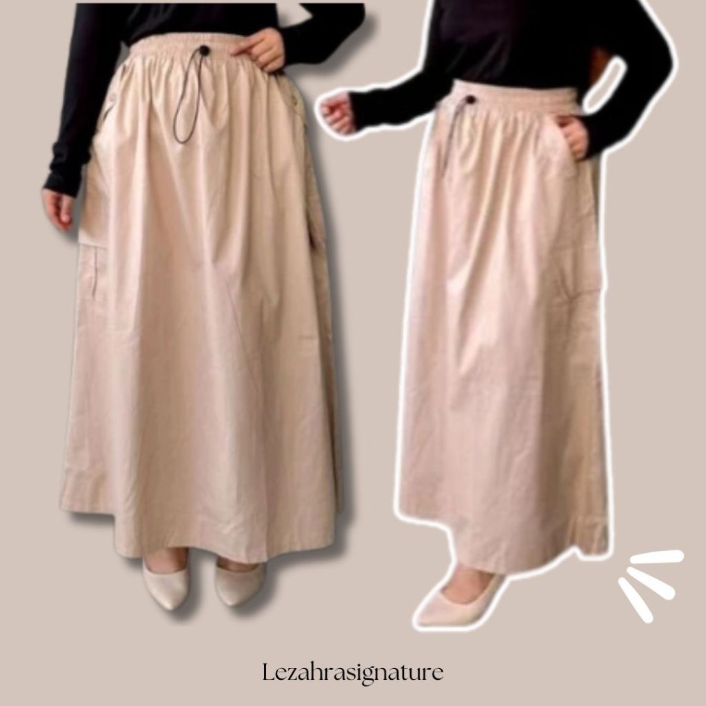Rok Muslimah Kuliah Ootd | Rok Wanita Cargo Saku Samping Payung Lezahrasignature Twill Kia