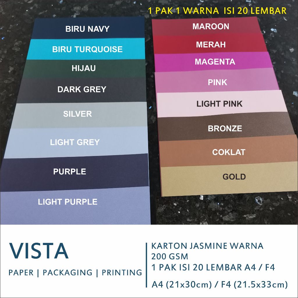 Kertas karton Jasmine Warna Non Pastel ukuran A4 dan F4
