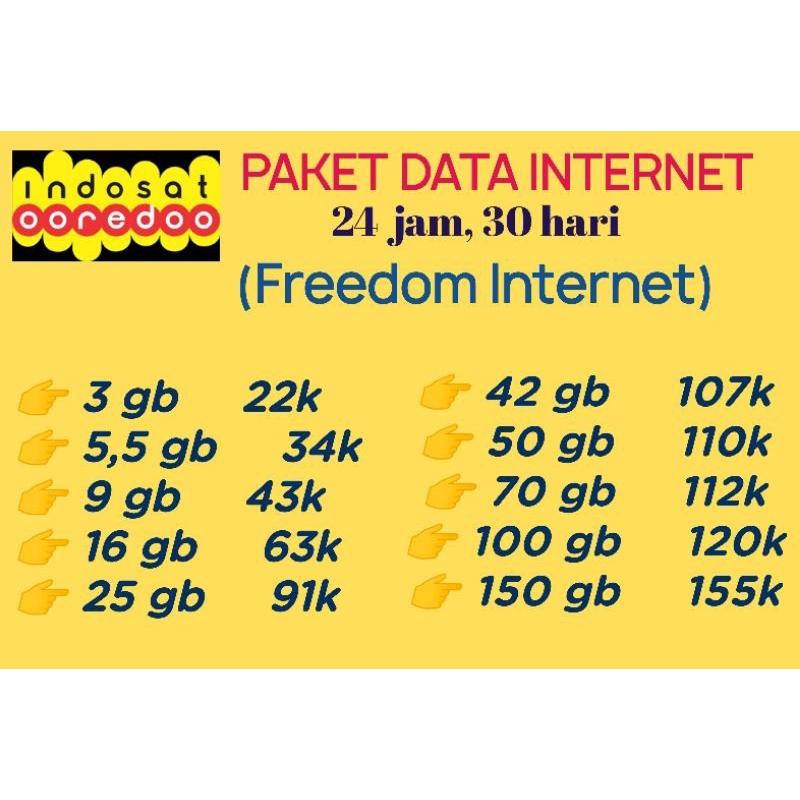 Paket Data/ Kuota Freedom Internet Indosat Full 30 Hari