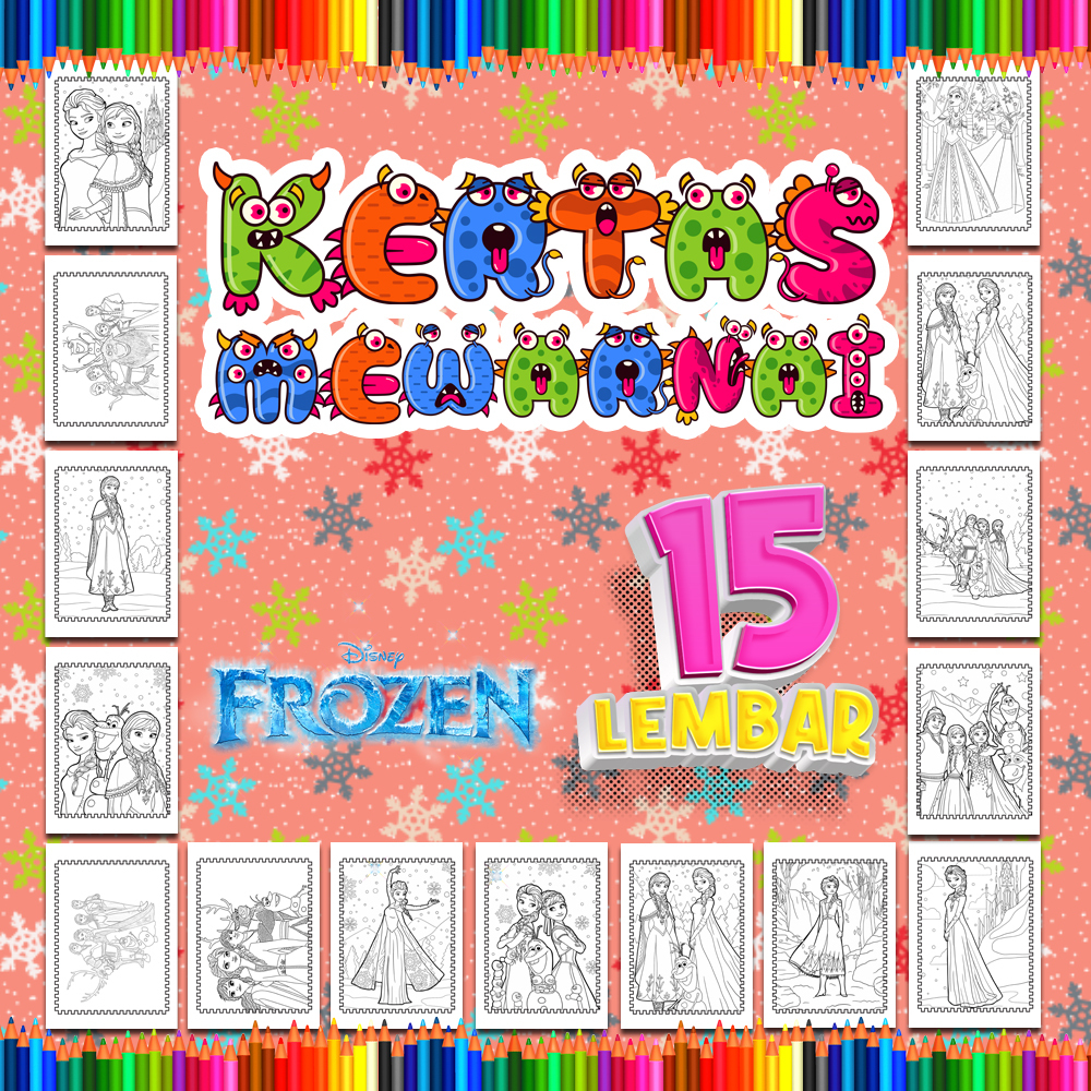 

Kertas mewarnai anak 15 Lembar. coloring worksheet paket lengkap sketsa Tema [Frozen]