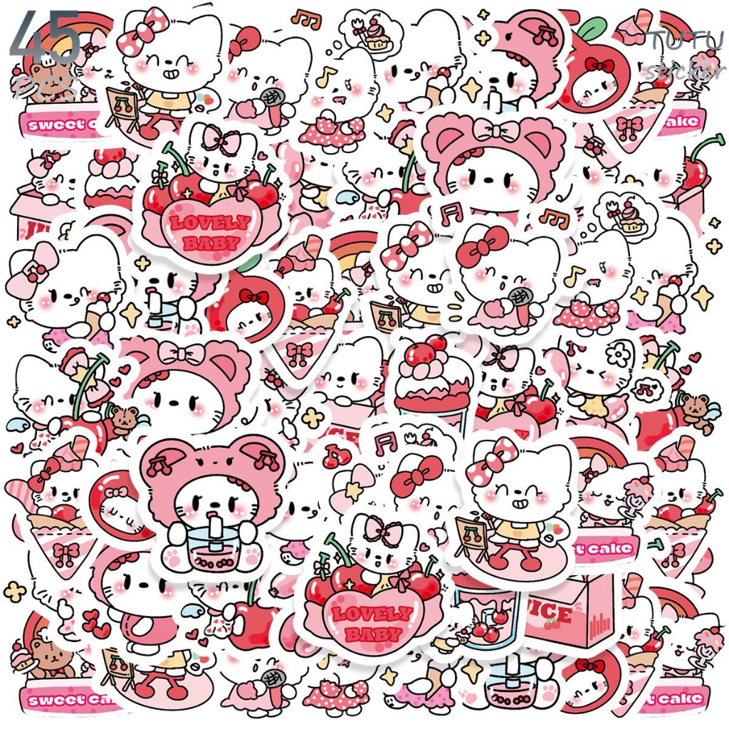 45 Pcs Kartun Anak Kucing Lucu Dan Ceri, Gaya Sanrio, Stiker Berpola Kaya