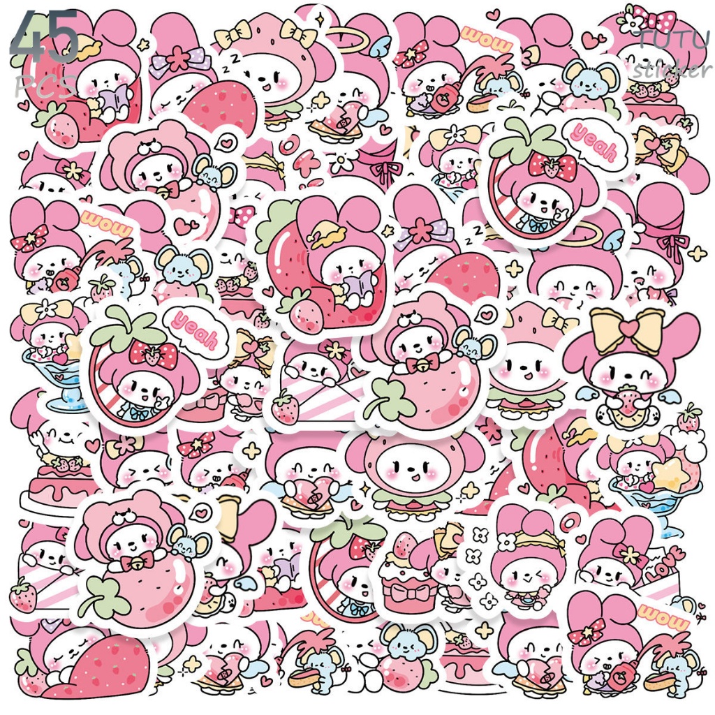 45 Pcs Kelinci Merah Muda Kartun Lucu Dengan Stroberi, Gaya Sanrio, Stiker Warna-warni