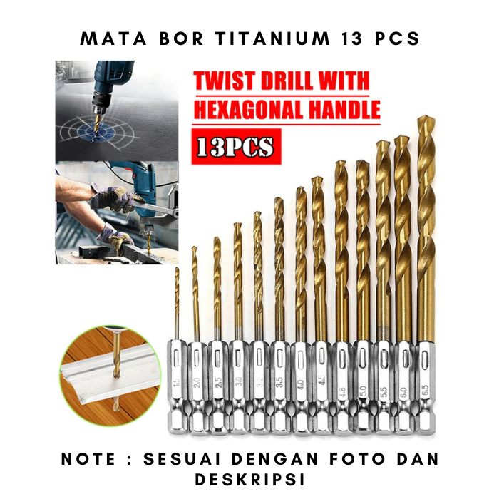 Mata Bor Twist Drill Titanium 13 Pcs Mata Bor Power Drill Steel Hex Shank Komplit