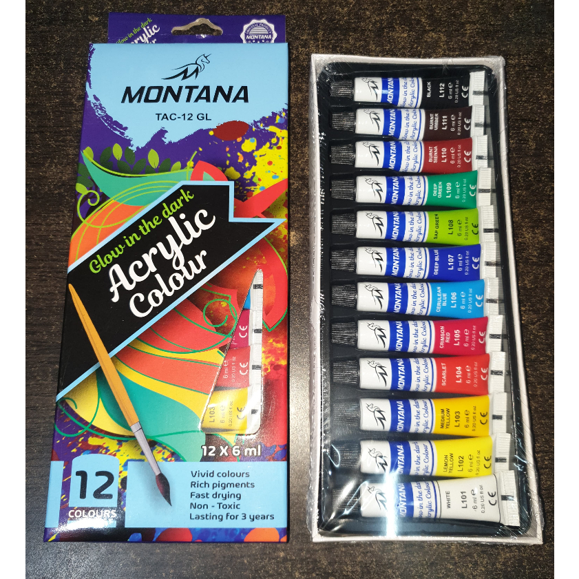 

MONTANA Acrylic GLOW IN THE DARK 12 Warna Cat Akrilik Montana Set Paint 6 ml TAC-12 GL