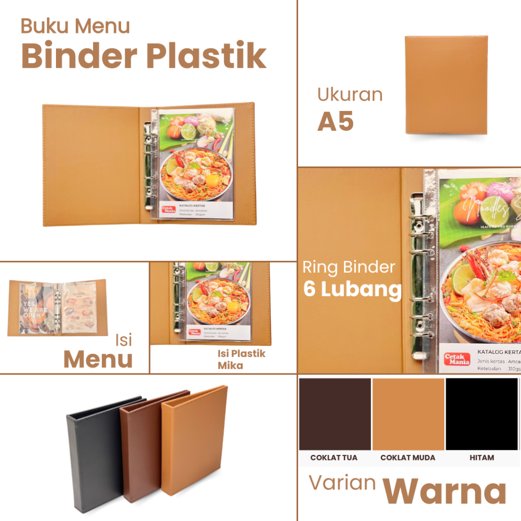 

HJK Buku Menu Jakarta - Buku Menu Kulit Ring Binder 4 lubang dan 6 lubang Isi plastik Coklat Muda,