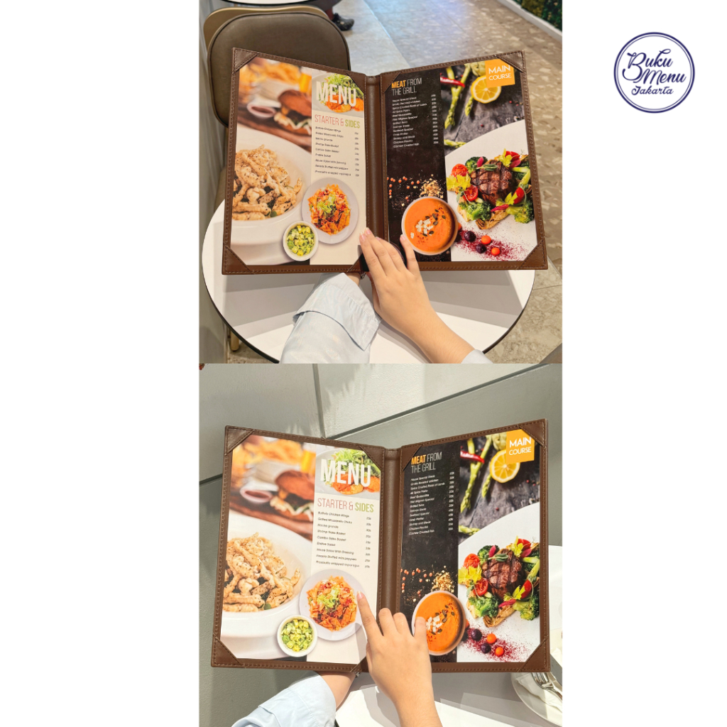 

YU Buku Menu Jakarta - Buku Menu Kulit Cafe Series Two View dan Side By Side (2 sisi) A3, A4, A5