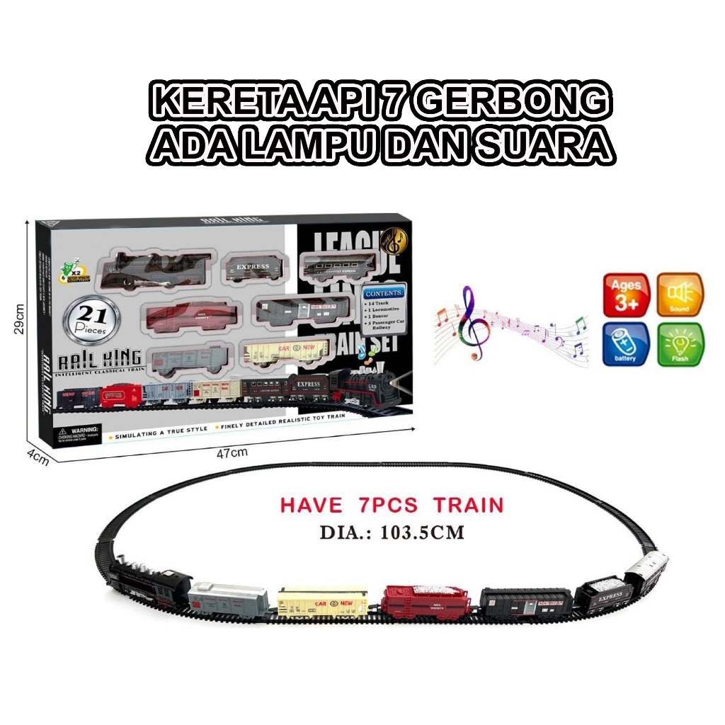 21 PCS Mainan Kereta Api Jumbo Ada Suara dan Lampu / Kereta Api 7 Gerbong / Rail King Besar / Railki