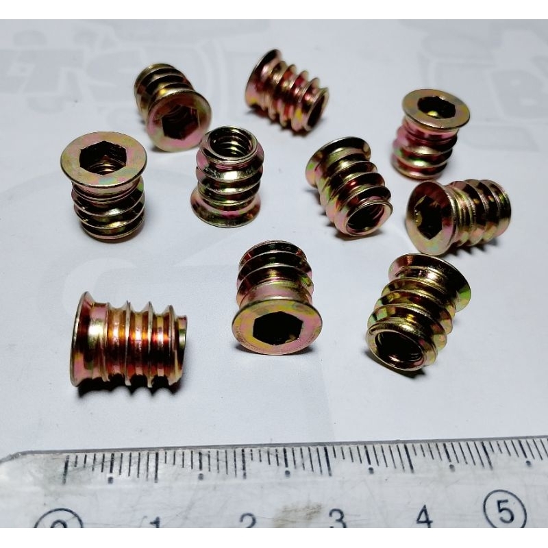 10 Pcs Mur Nanas M6 X 13 OD Besi Kuning / Mur Tanam Kayu / Insert Nut Baut 10 an