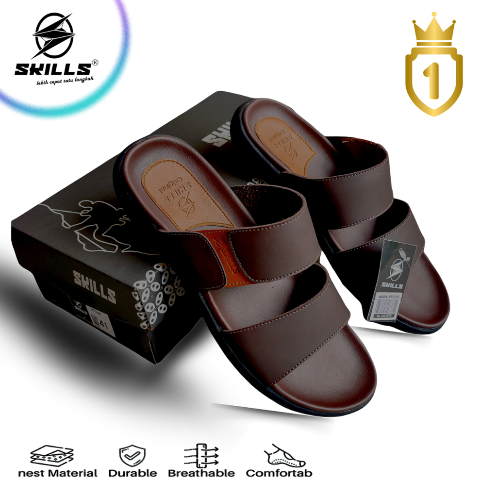 SKILLS Barqun Miguel - Sandal Pria Casual | Sandal Kulit | Sandal Slop | Strap Leather