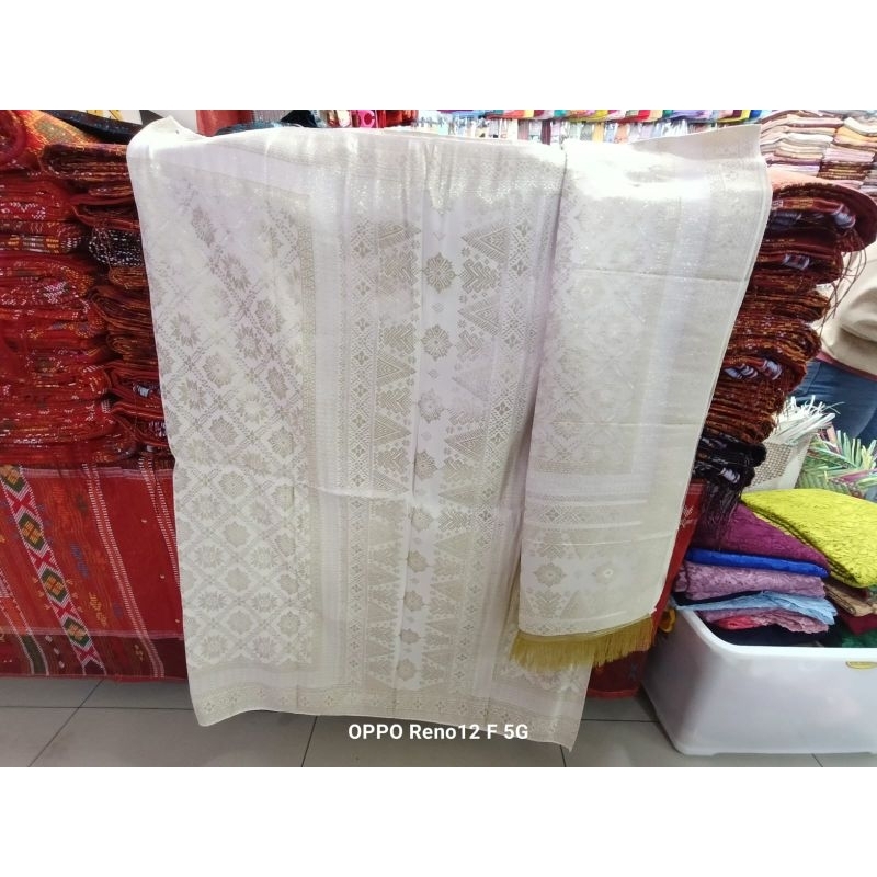 SONGKET PALEMBANG MESIN WARNA PUTIH TULANG TUMPAL PUTIH TULANG.