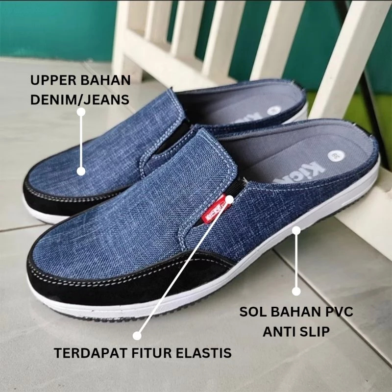 Sepatu Slop Pria Sandal Bustong Slip On Santai Trendy Bahan Kain Levis Denim Anti Slip