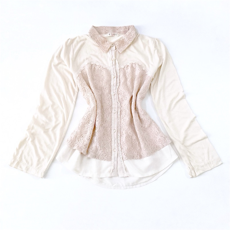 Axes Femme Lassie Cotton Collar Blouse Top With Sweetheart Lace Detail Atasan Kaos Kerah Lengan Panj