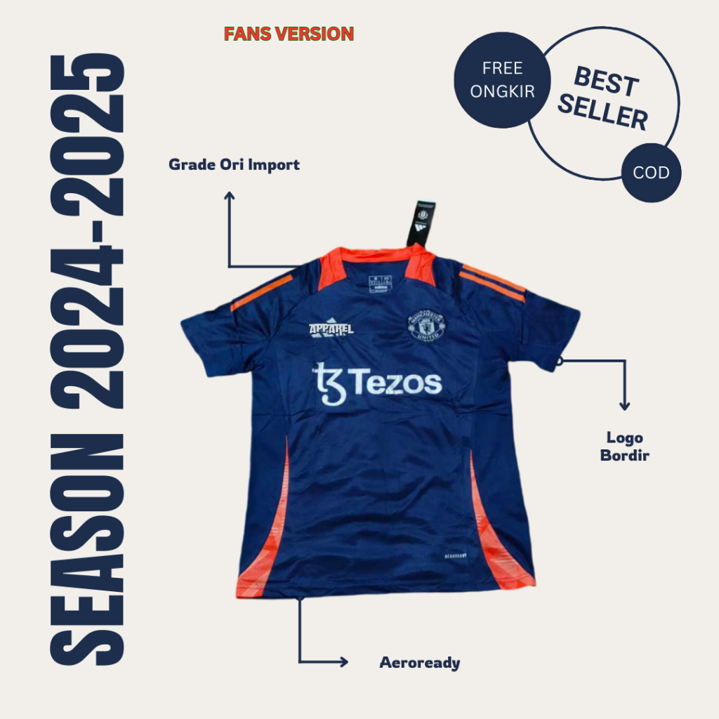 Jersey Bola Suporter Version M.Untd Training Tezos Navy 2024 2025 Official Grade Ori