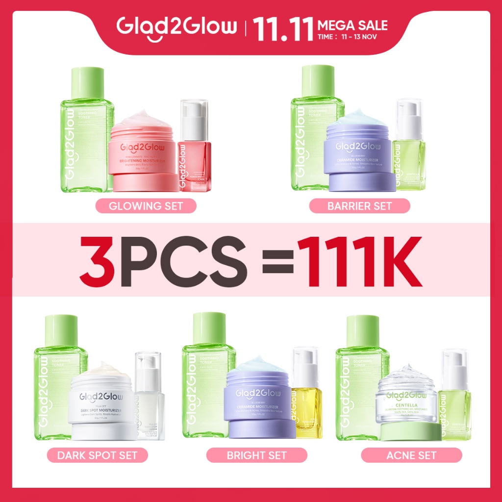 Glad2Glow 3pcs Paket Skincare Moisturizer Serum Clay Mask Stick Face Wash -ACNE KIT GLOWING KIT Dark