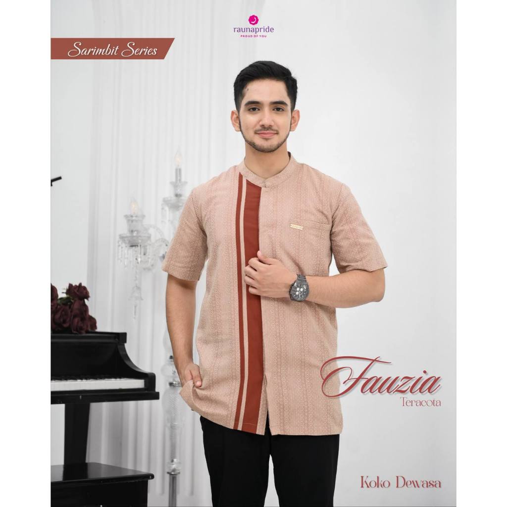 Rauna Sarimbit Fauzia Baju Koko Pria Emerald Teracota Navy Cotton Poly Rayon Lengan Panjang Pendek