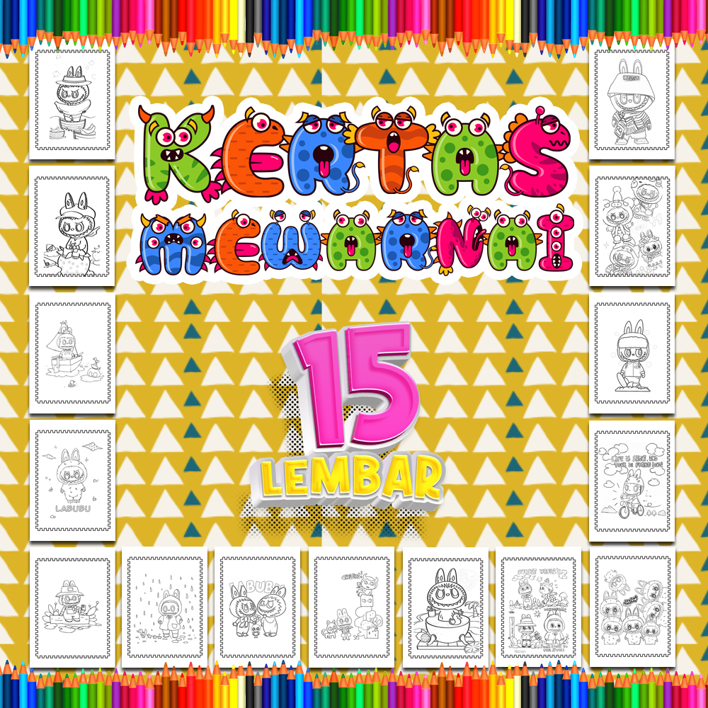 

Kertas mewarnai anak 15 Lembar. coloring worksheet paket lengkap sketsa Tema [Labubu]