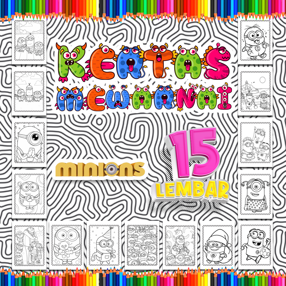 

Kertas mewarnai anak 15 Lembar. coloring worksheet paket lengkap sketsa Tema [Minion]