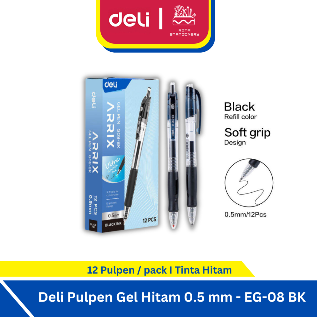 

Deli Pulpen Gel Pen Hitam 0.5 mm Ceklek Ballpoint EG08 BK - Pack