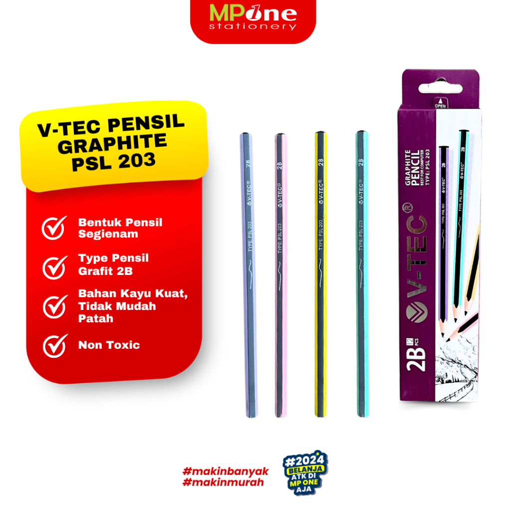 

(1 KOTAK) V-Tec Pensil Kayu Graphite 2B PSL-203/ Pensil Ujian 2B Isi 12 Pcs V-Tec