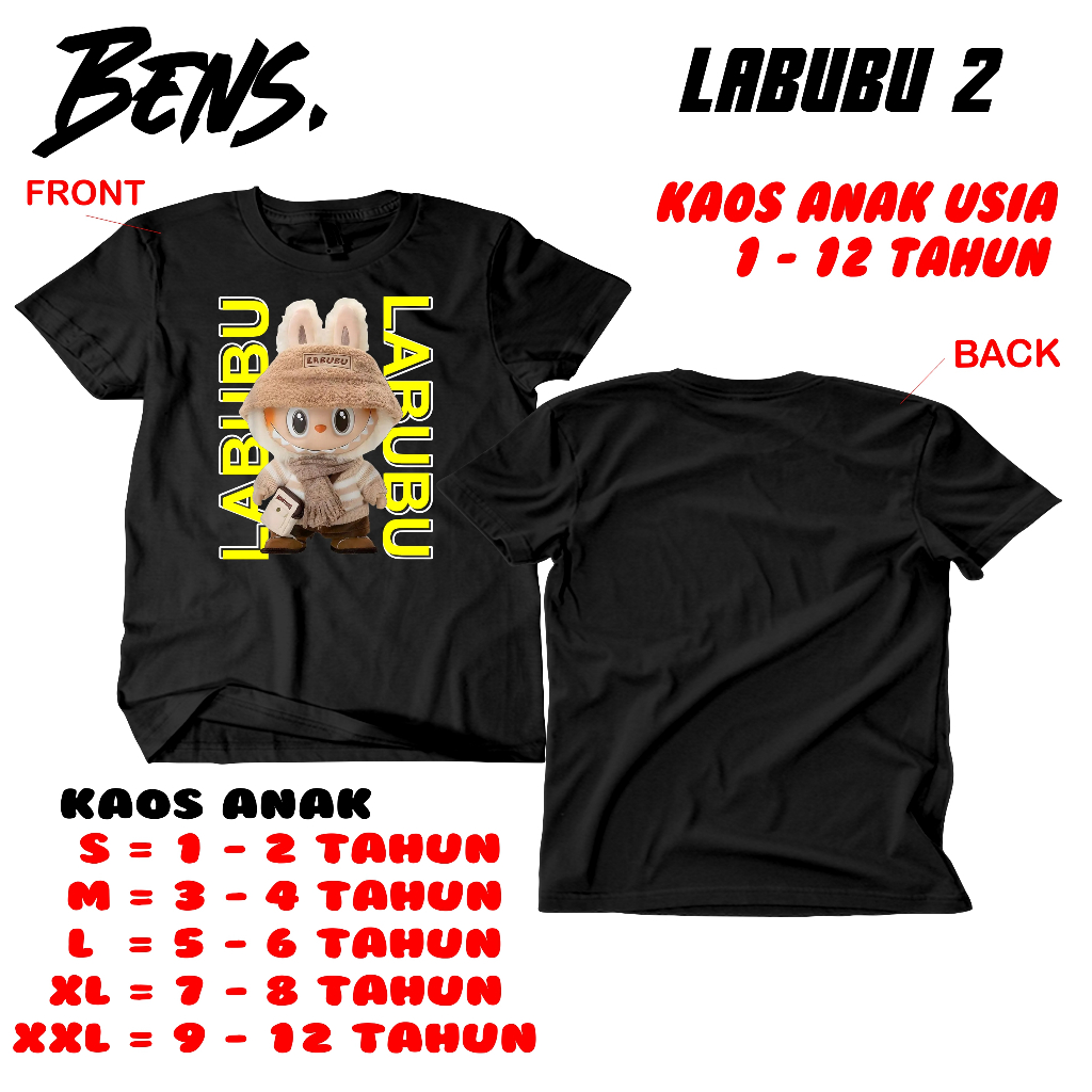 KAOS ANAK LABUBU KAOS PRIA WANITA CATTON COMBED 30S KEREN HITAM PUTIH KEREN