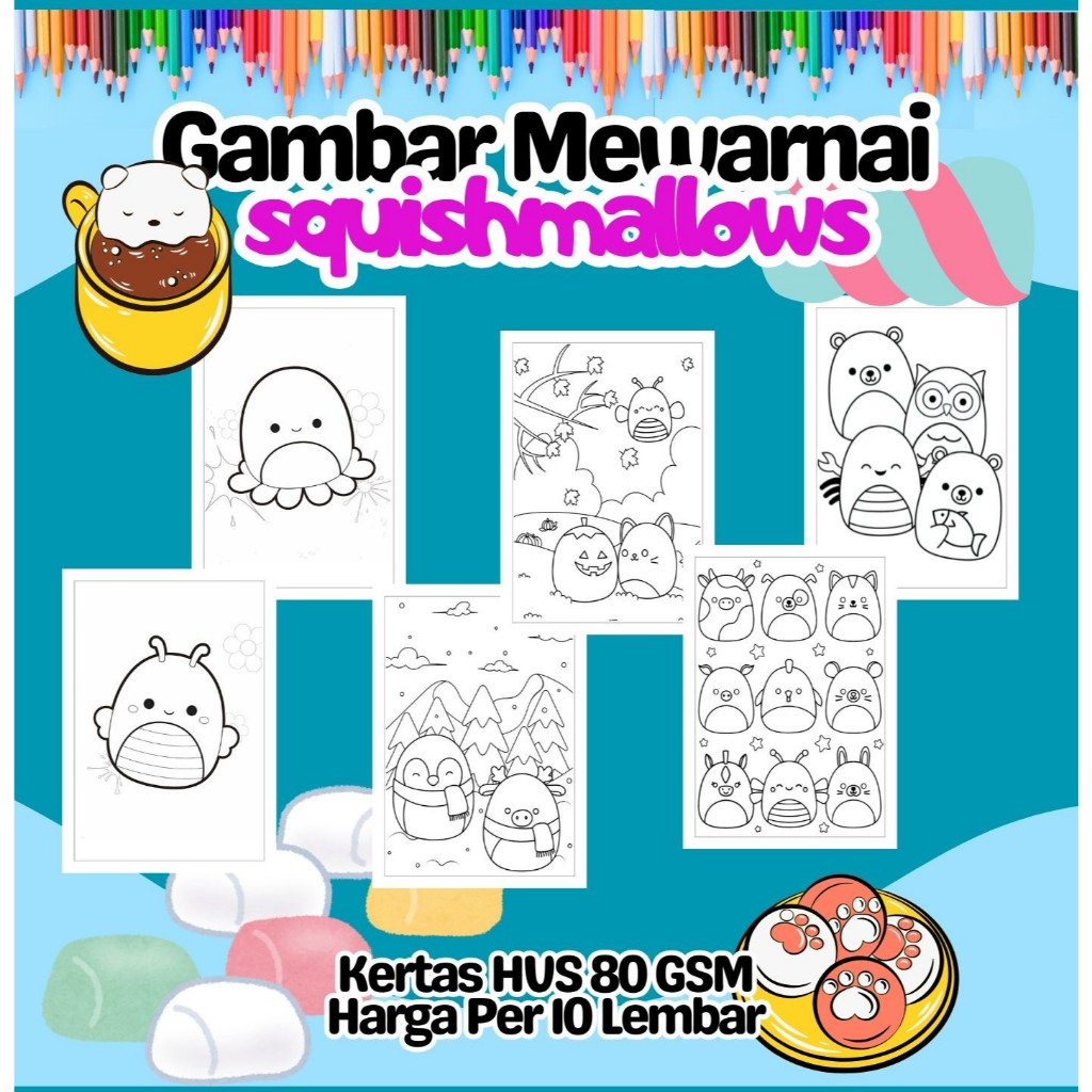 

10 Lembar Kertas Gambar Mewarnai SquishMallows Murah - Anak Anak TK SD PAUD Remaja - Kertas HVS A4 A5 80 GSM