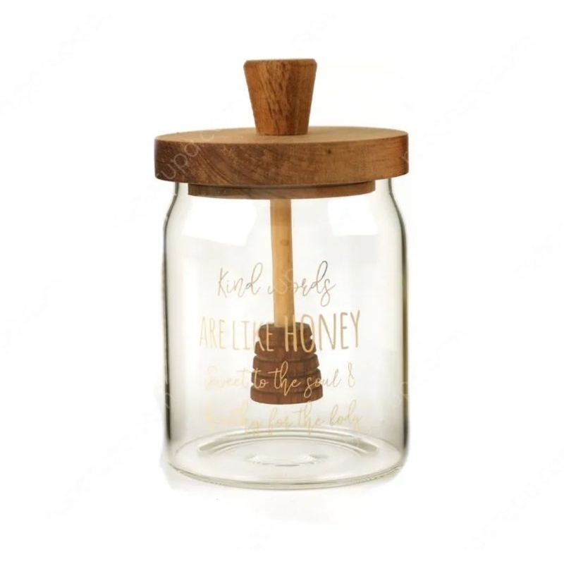 Set Wadah Tempat Penyimpanan Madu Gelas Kaca dan Sendok Madu Kayu Glass Honey Jar and Wooden Spoon D