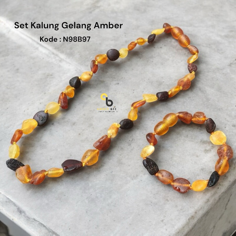 AMBER BEE Set Kalung Amber Bayi & Anak Tumbuh Gigi Amber Baltic Multicolor Beans Matte SNG9897