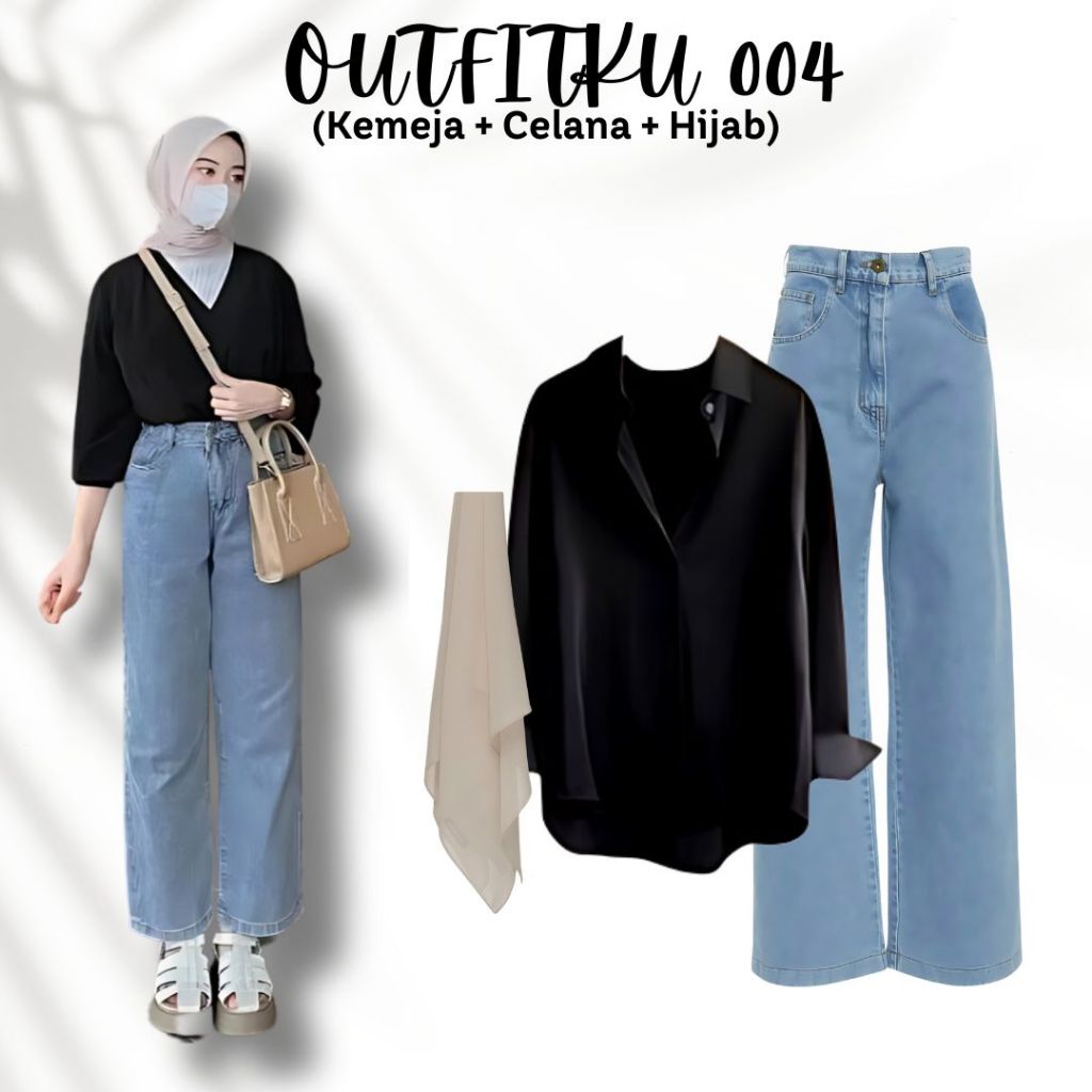 One Set 3in1 Kemeja Wolfis Hitam Celana Kulot Jeans Biru Hightwaist Hijab Bella Square | Outfit Wani