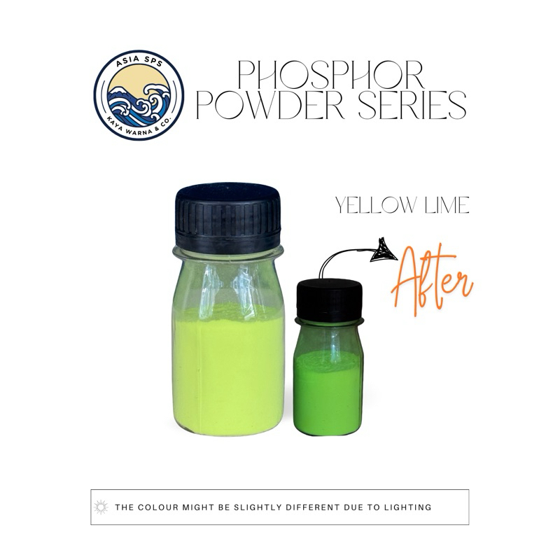 

Bubuk Fosfor GLOW IN THE DARK Gid Stronium Alumi YELLOW LIME Serbuk Dekorasi Resin Sablon Slime 50GR