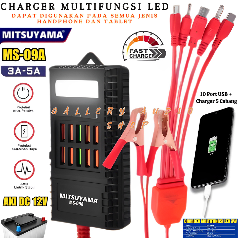 Charger HP Dari Arus Aki Casan HP Dari Aki Motor/Mobil MITSUYAMA MS-09A Dengan Kabel Jack Buaya 50cm