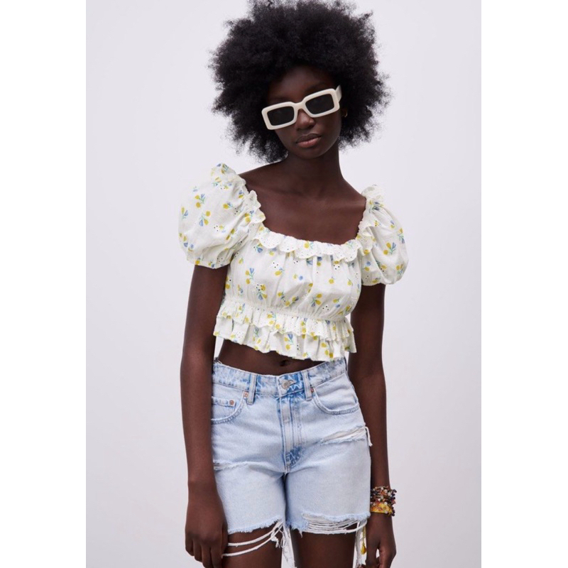 ZARA FLORAL EMBROIDERED EYELET TOP