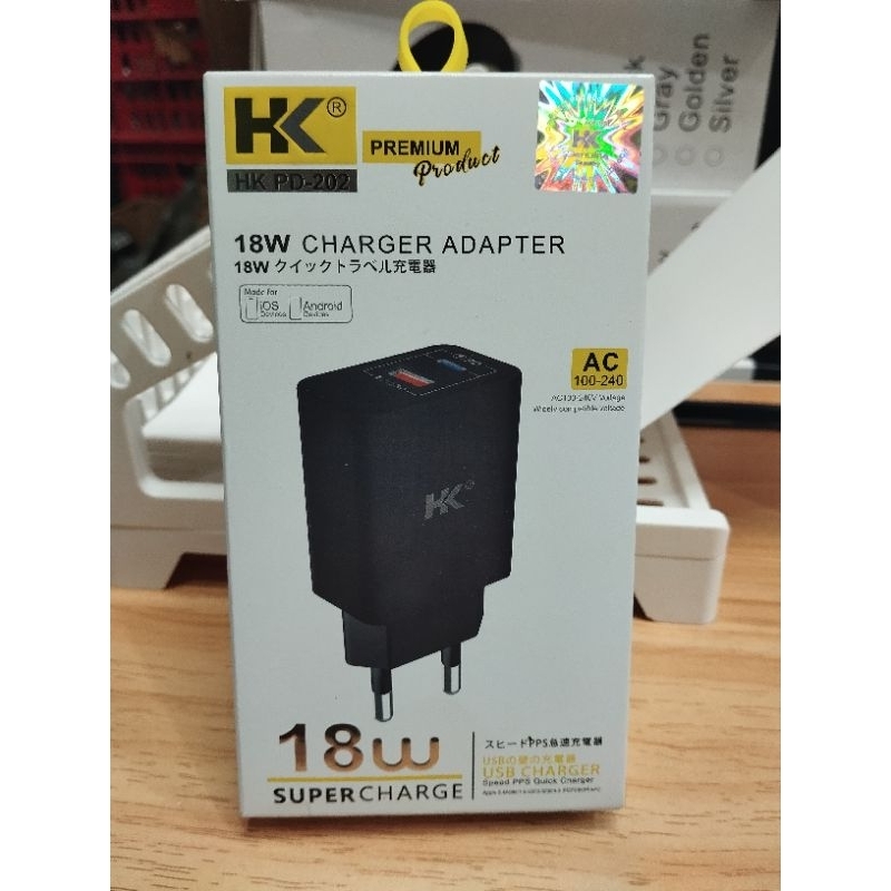 Kepala Charger HK PD-202 2 Port USB A & Type C Fast Charging 18W Kualitas Original Batok Casan Pengi