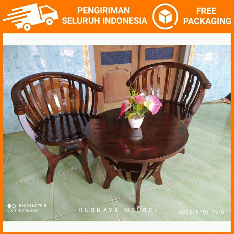 SET KURSI TERAS JATI 2 KURSI + MEJA BULAT | KURSI TAMU TERAS KAYU JATI SOLID