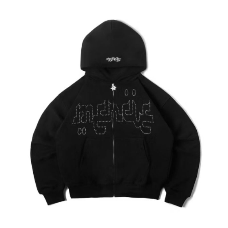 Mercie - Hoodie Zipper Boxy Rhinestone Black