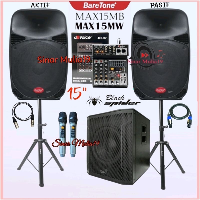 Paket Komplit Karaoke Speaker 15 Inch BateTone [ Aktif & Pasif ] Subwoofer Aktif 12 Inch Blackspider