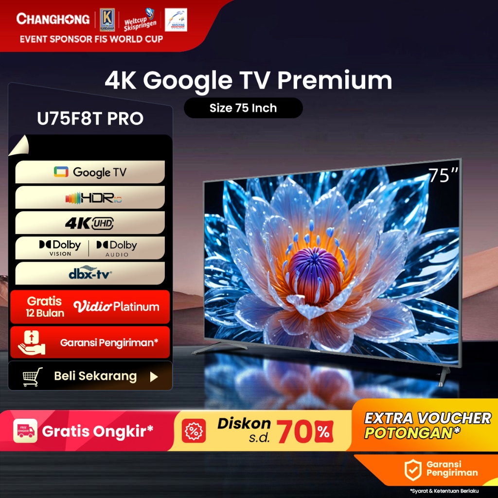 Google TV Changhong 75 Inch 4K  UHD Smart Digital LED TV-Google Assistant-UHD-Wifi-Netflix (Model: U