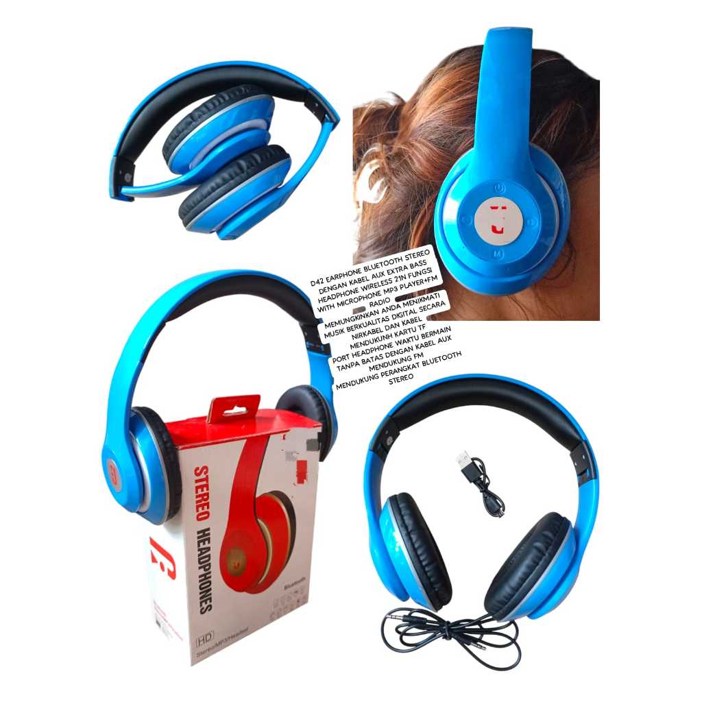 D42 ORI OEM HEADPHONE  BLUETOOTH STEREO DENGAN KABEL AUX EXTRA BASS HEADPHONE WIRELES 2IN1 FU