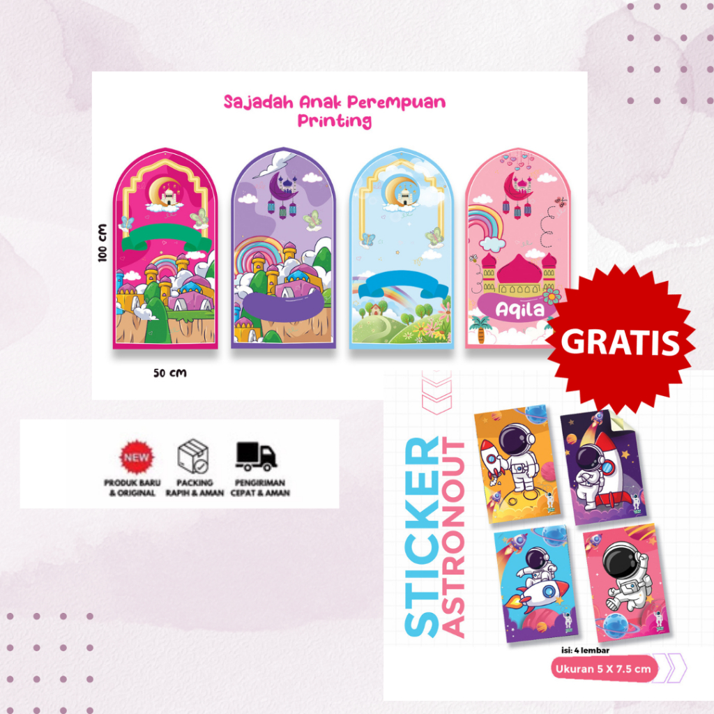 Sajadah Kubah Travel Anak Custom Nama Waterproof Anti-slip , Sejadah Anak Seri Perempuan + Kardus Pr