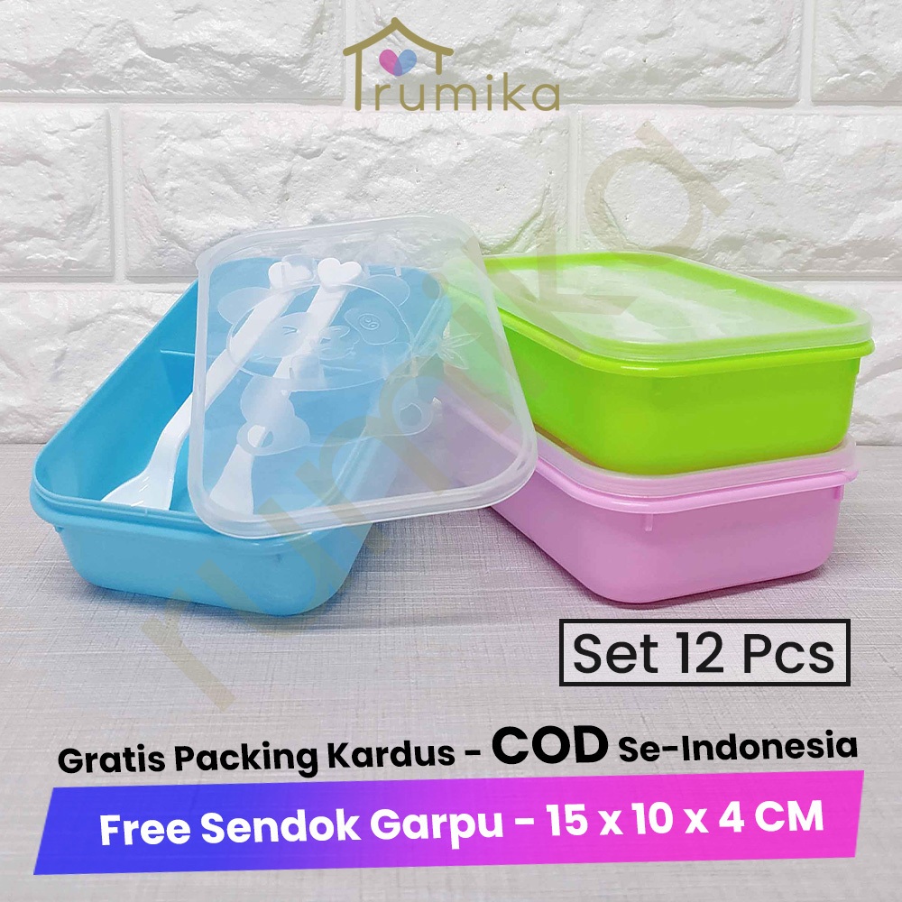 [LUSIN] Set 12 Pcs Lunch Box Segi Panda Sekat 2 / Tempat Makan Wadah Bekal Anak - Free Sendok Garpu 