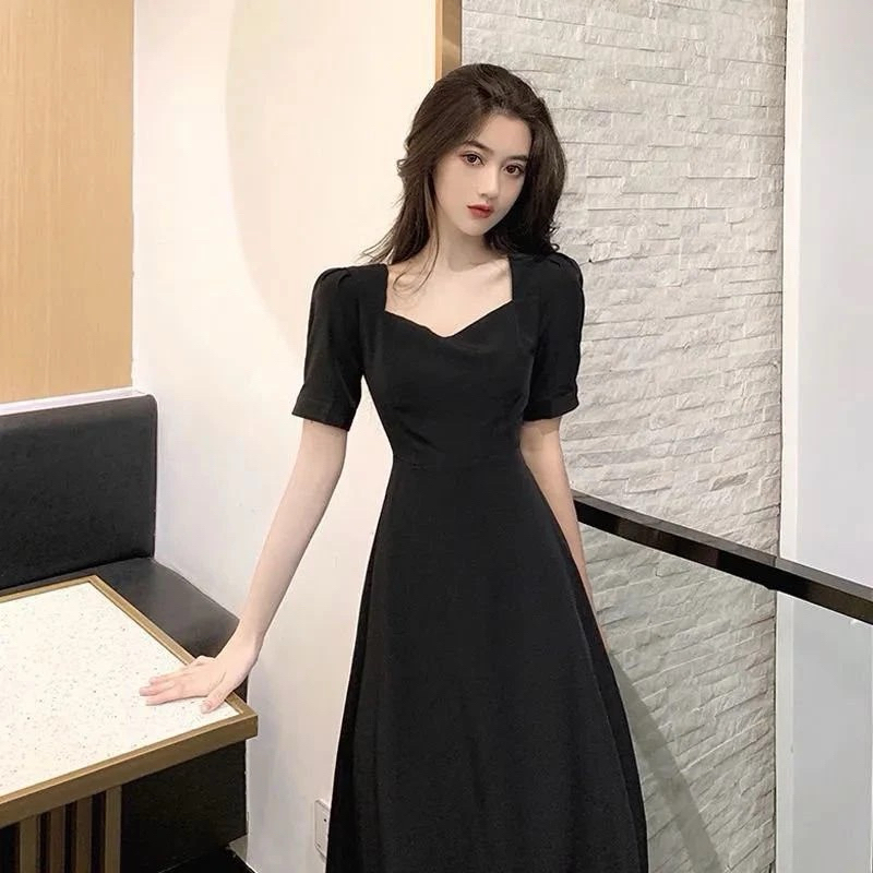 Dress Korea Style Dress Lengan Pendek Gaun Midi a-line Hitam Minimalis Fashion / Dress Hitam / Dress