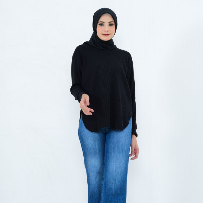 RILLEY - Kaos Waffle Anika Wanita Lengan Rib| Baju Lengan Panjang Polos Waffle Cewek Muslim Perempua