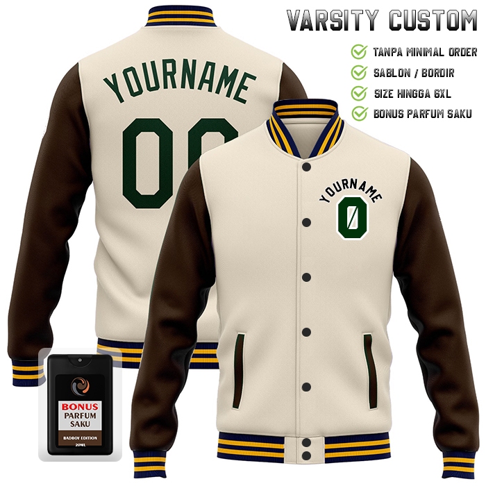 Jaket Varsity Pria Oversize M - 6XL Jaket Bomber Kombinasi Cream Coklat Custom Bordir Satuan Sweater