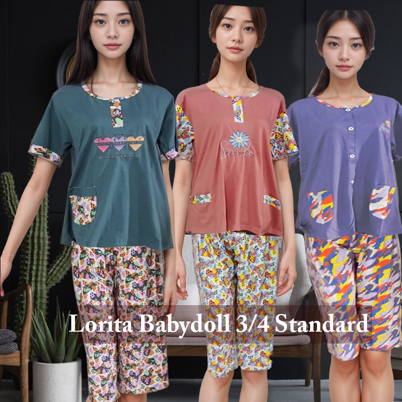 LORITA -  Baju Tidur 3/4 Ukuran Standard Lengan Pendek / Piyama Wanita Terlaris Bahan Katun Tebal