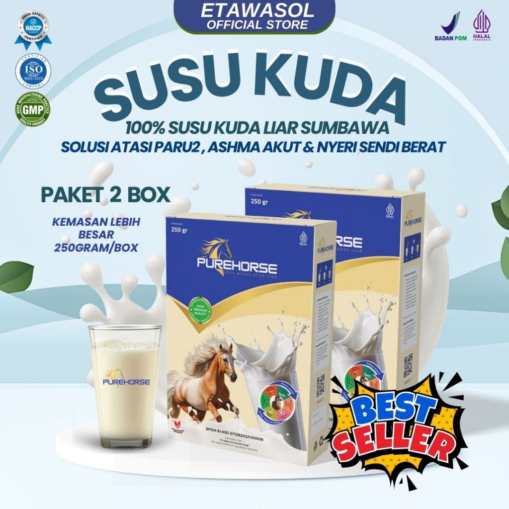 

Susu Kuda Pure Horse 100% Original dari Sumbawa Untuk Keluhan Sesak Nafas Akut dan Nyeri Sendi Berat Kemasan 250gram Paket 2 BOX