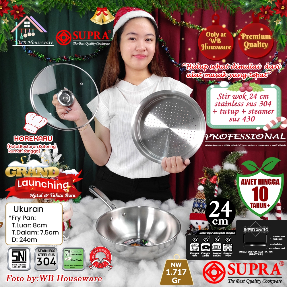 SUPRA Panci stir wok set 24cm + steamer + tutup kaca viliron stainless steel SUS 304 professional ch