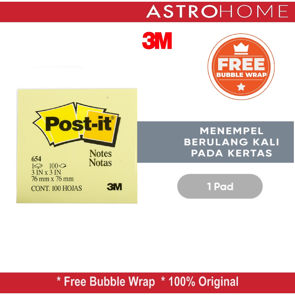 

Memo Tempel Kuning Sticky Notes Canary Yellow Post It 3M 654 76 mm x 76 mm / 3 Inc x 3 Inc (1Pad)